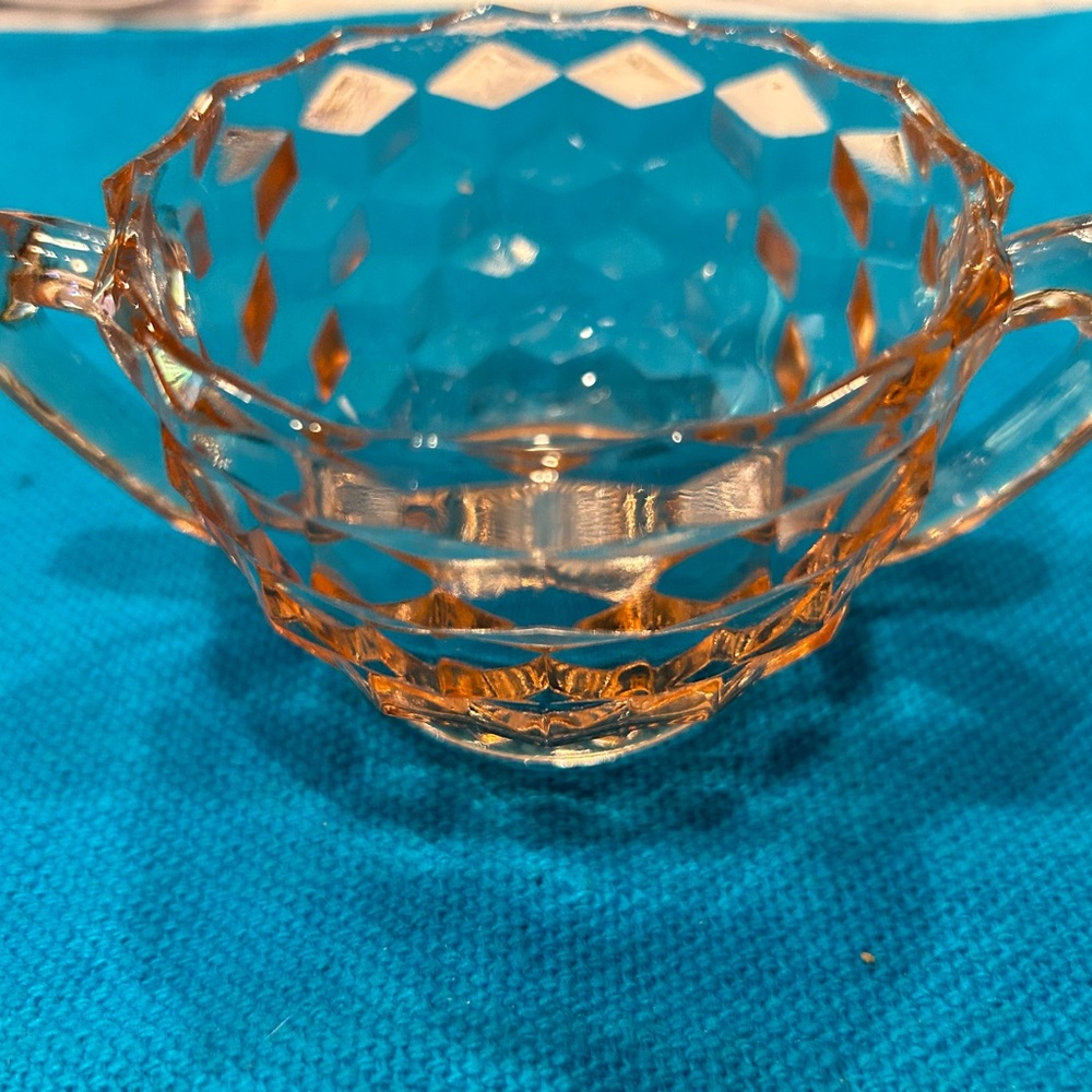 Pink Depression glass Vintage Glass open style Sugar Bowl with Handles